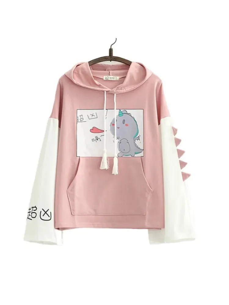 Metaversmall Dinosaur Print Hooded Sweatshirt With Horn For Women Autumn Long Sleeve Harakuju Hoodies Sweet Style Cotton Tracksuits