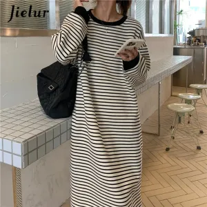 Metaversmall Fleece White Black Striped Hoodies Female Fashion Loose O-neck Maxi Sweatshirt High Street Pullover Women Long Hoodie