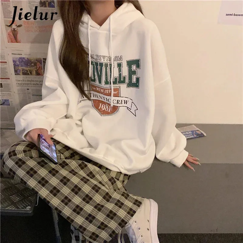 Metaversmall Korean Fashion Hoodies for Women Hooded Warm Fleece Gray White Sweatshirt Female Winter Loose Leisure M-XL Size Print Top