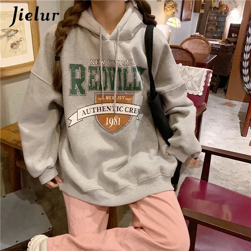 Metaversmall Korean Fashion Hoodies for Women Hooded Warm Fleece Gray White Sweatshirt Female Winter Loose Leisure M-XL Size Print Top