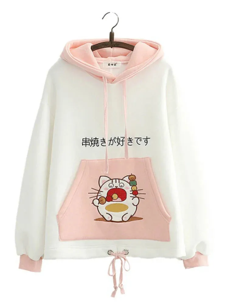 Metaversmall Pink Cartoon Cat Embroidery Cute Women Hoodies Winter Drawstring Long Sleeve Hoded Sweatshirts Sweet Style Ladies Tops