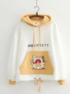 Metaversmall Pink Cartoon Cat Embroidery Cute Women Hoodies Winter Drawstring Long Sleeve Hoded Sweatshirts Sweet Style Ladies Tops