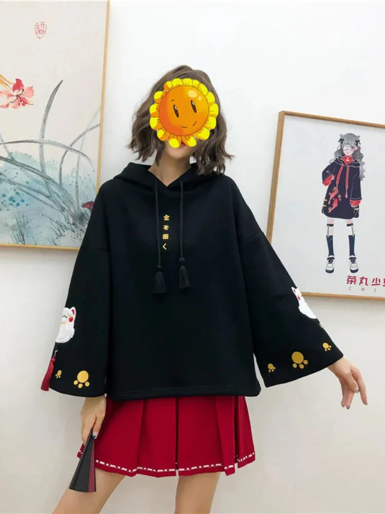 Metaversmall Women Cotton Hooded Sweatshirts With Cartoon Embroidery Casual Hoodies Flare Sleeve Balck Harakuju Pullover Kawaii Chothes