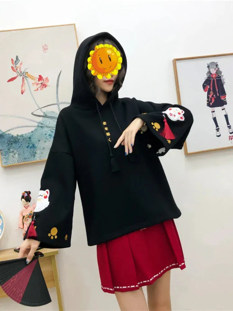 Metaversmall Women Cotton Hooded Sweatshirts With Cartoon Embroidery Casual Hoodies Flare Sleeve Balck Harakuju Pullover Kawaii Chothes