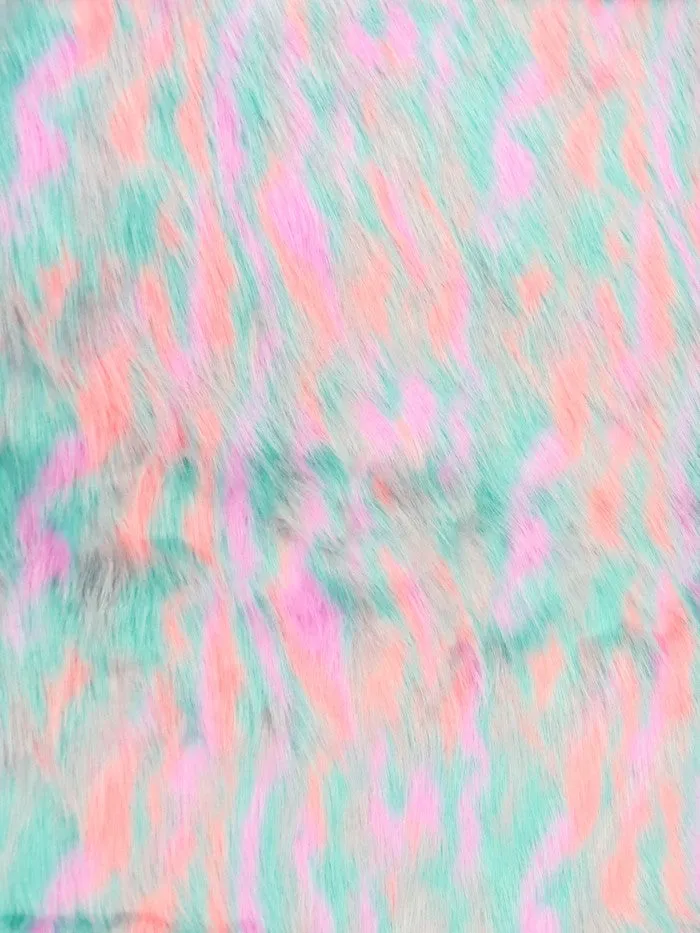 Mint, Gray, Lavender, Coral Sunset Multi-Color Faux Fur Fabric /  Sold by the Yard