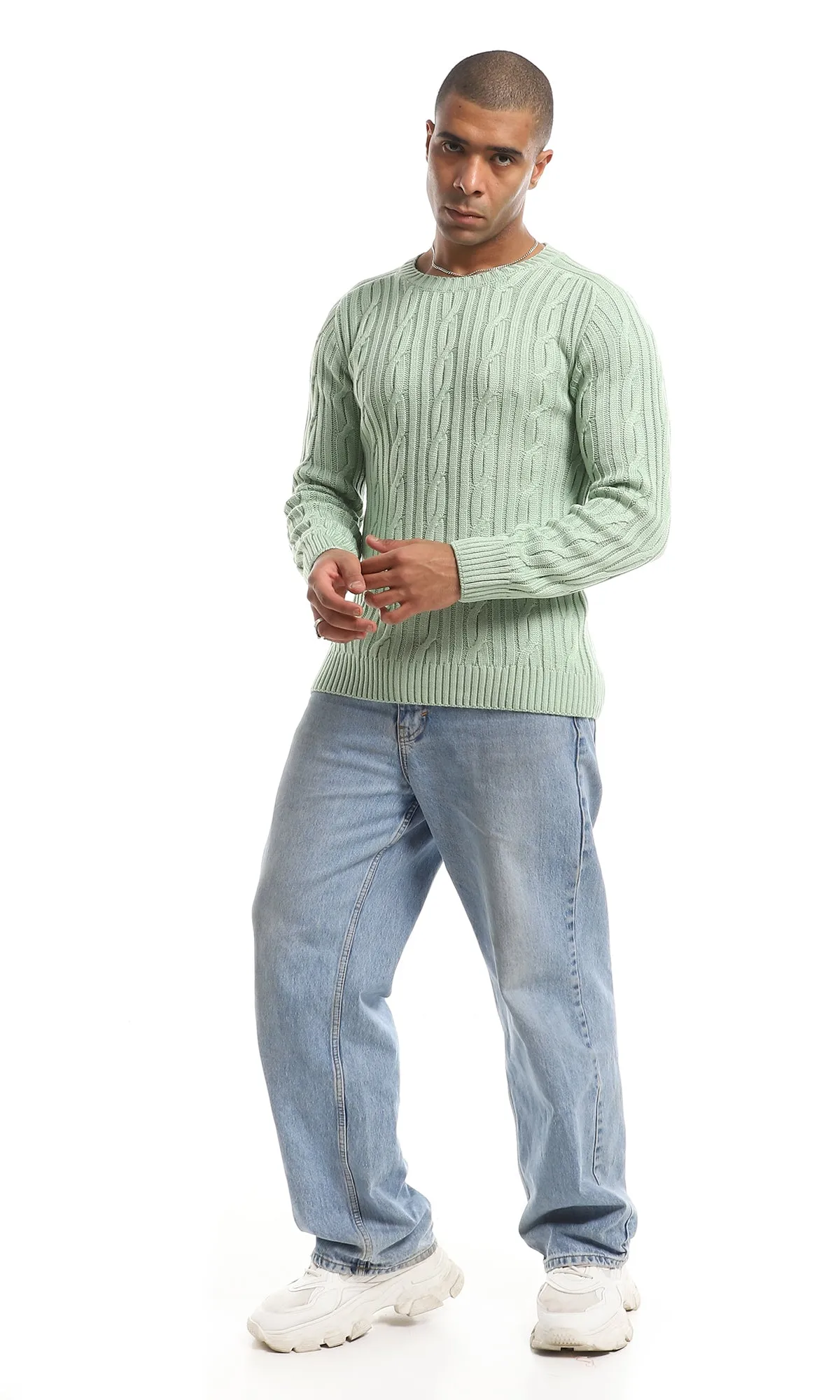 O154634 Elegant Crew Neck Knitted Long Sleeved Pullover - Mint Green