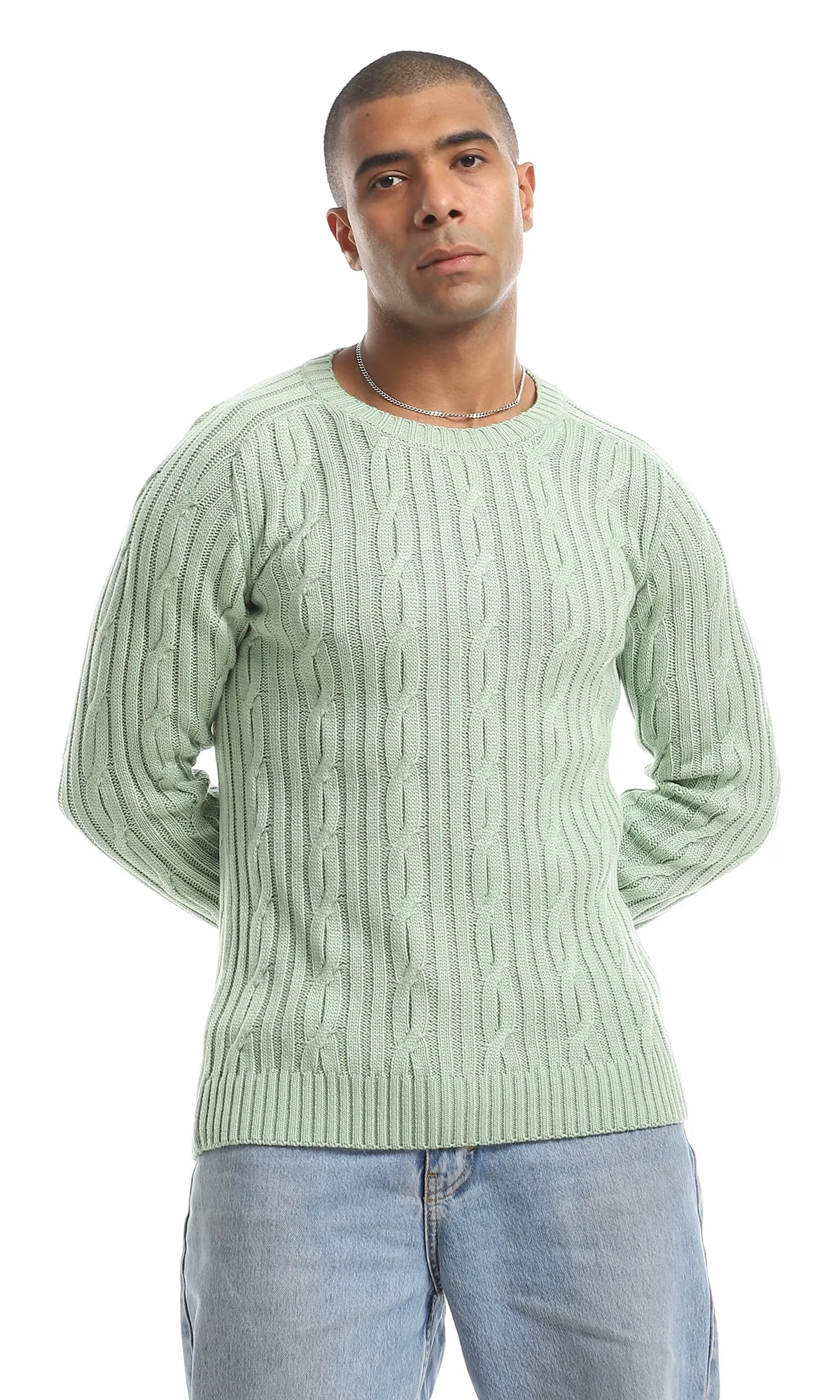 O154634 Elegant Crew Neck Knitted Long Sleeved Pullover - Mint Green