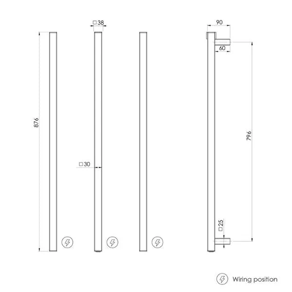 Phoenix Heated Triple Towel Rail Square 800mm - Brushed Gold