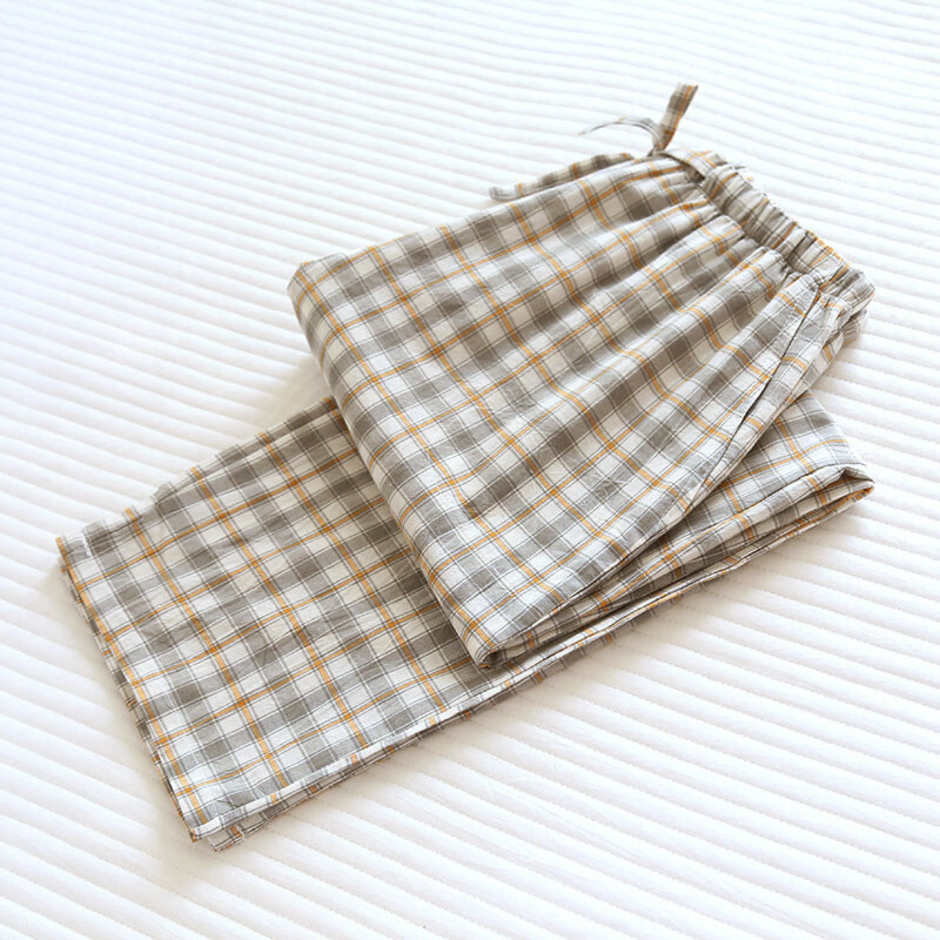 Plaid Washed Cotton Pajama Pants / Light Green