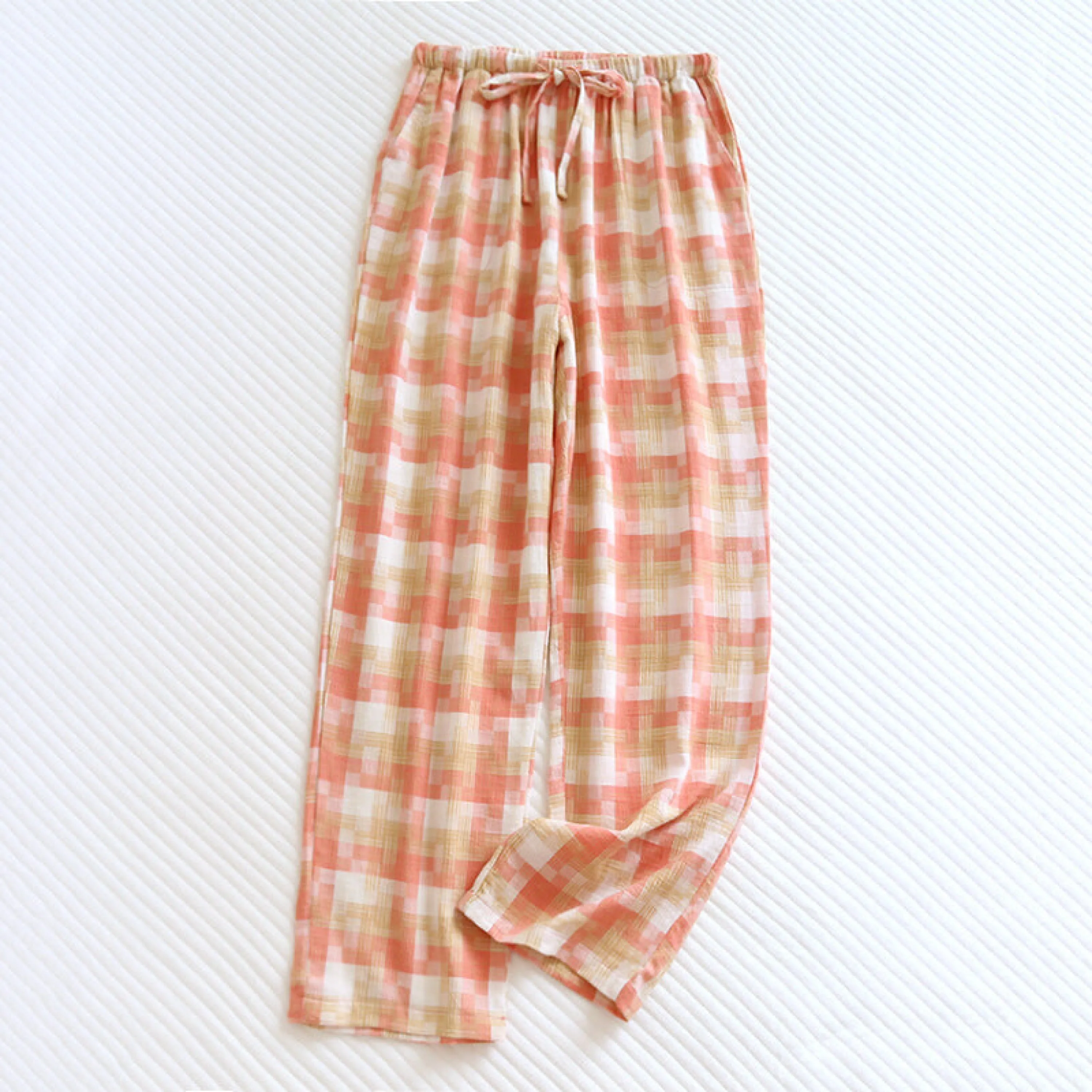 Plaid Washed Cotton Pajama Pants / Light Green