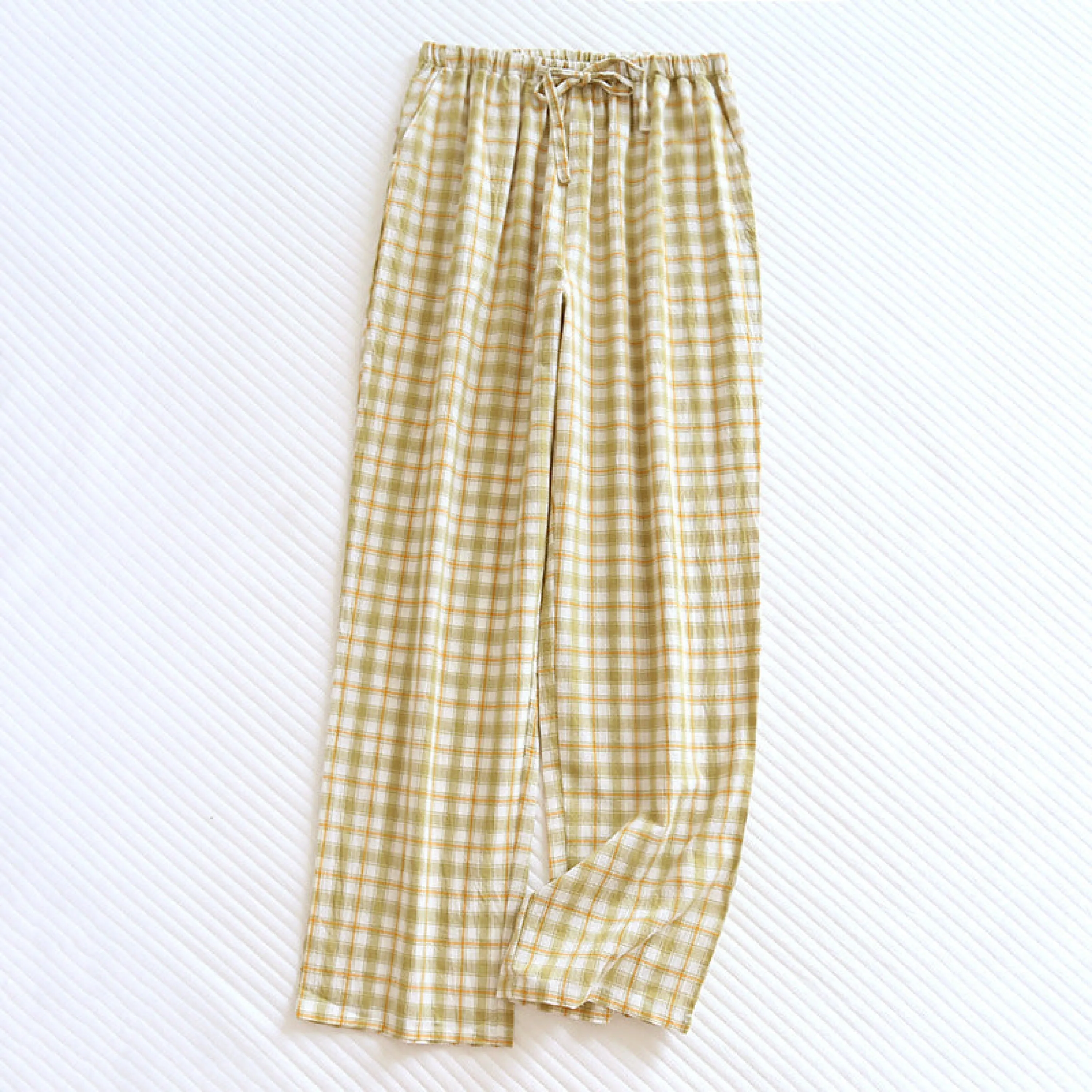 Plaid Washed Cotton Pajama Pants / Light Green