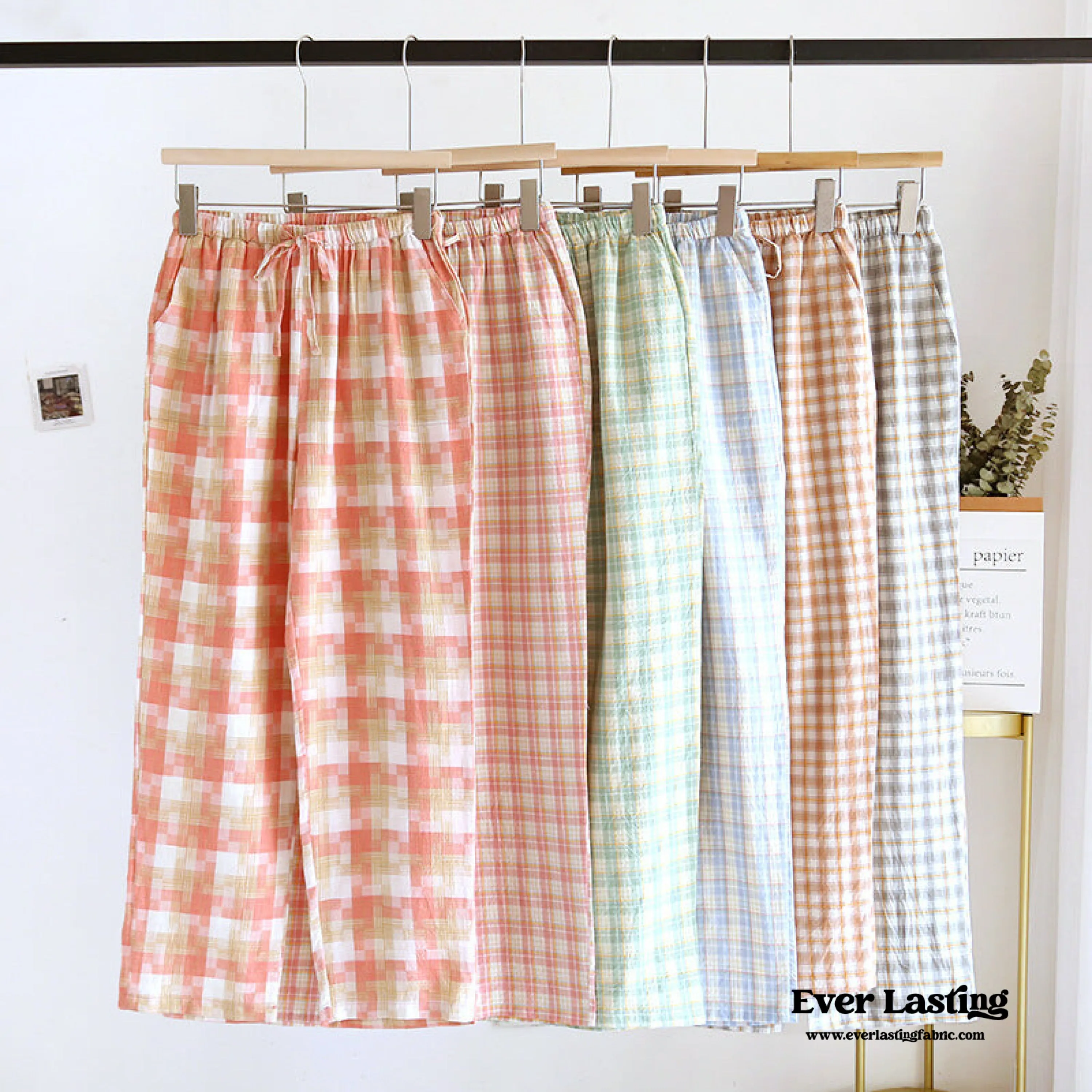 Plaid Washed Cotton Pajama Pants / Light Green