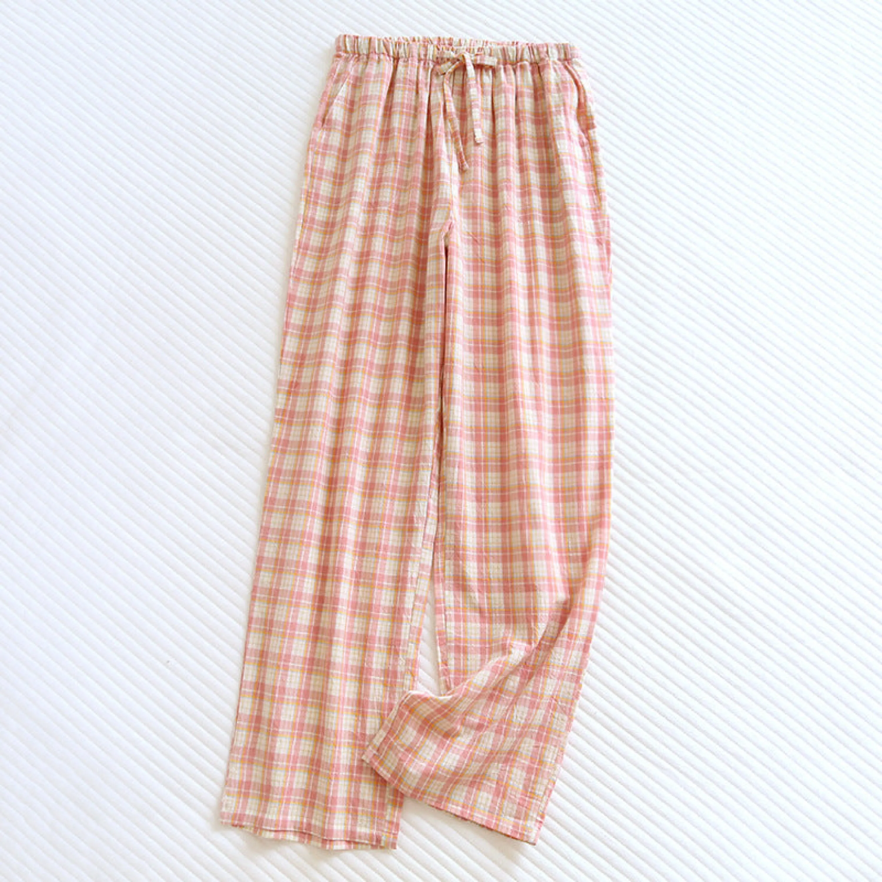 Plaid Washed Cotton Pajama Pants / Light Green