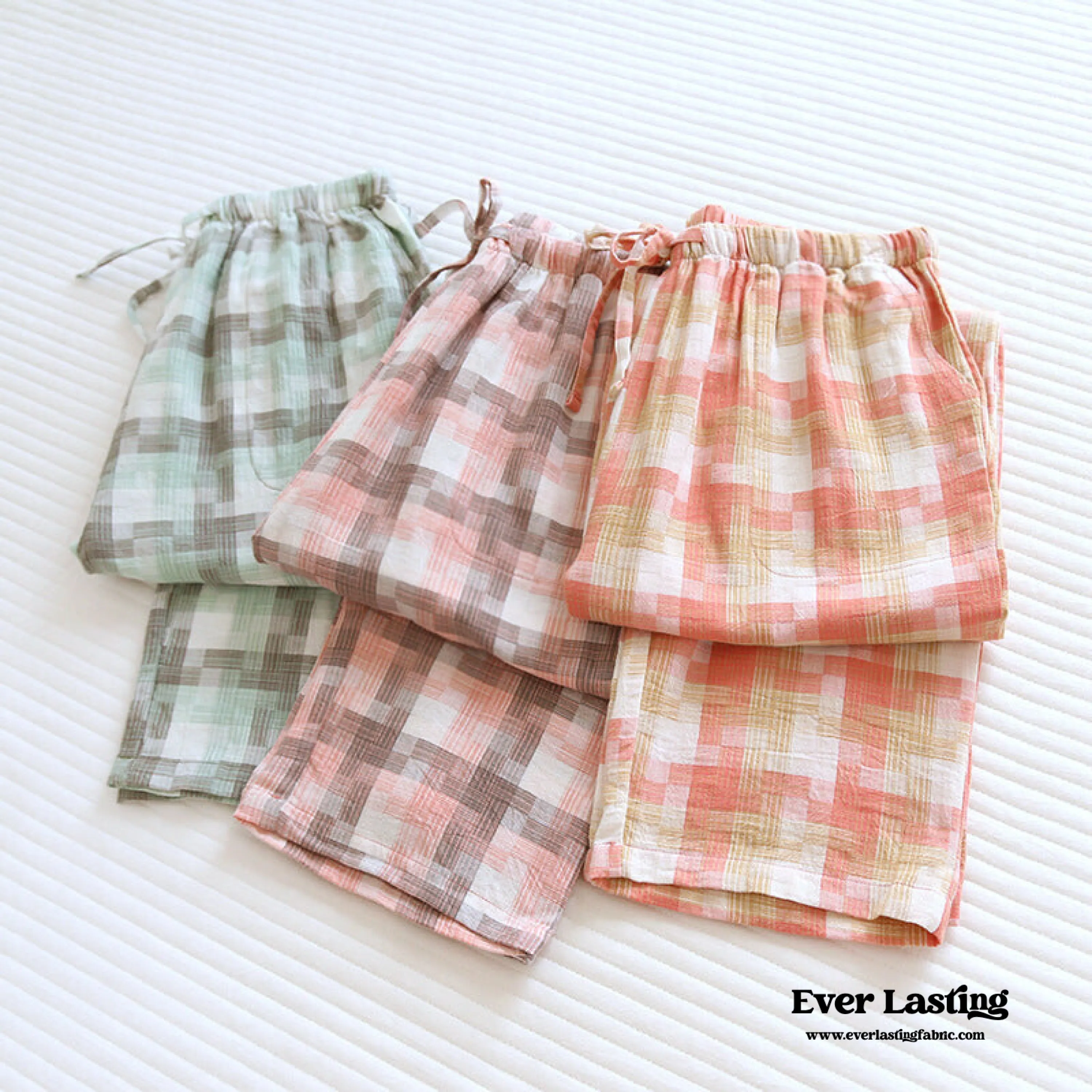 Plaid Washed Cotton Pajama Pants / Light Green