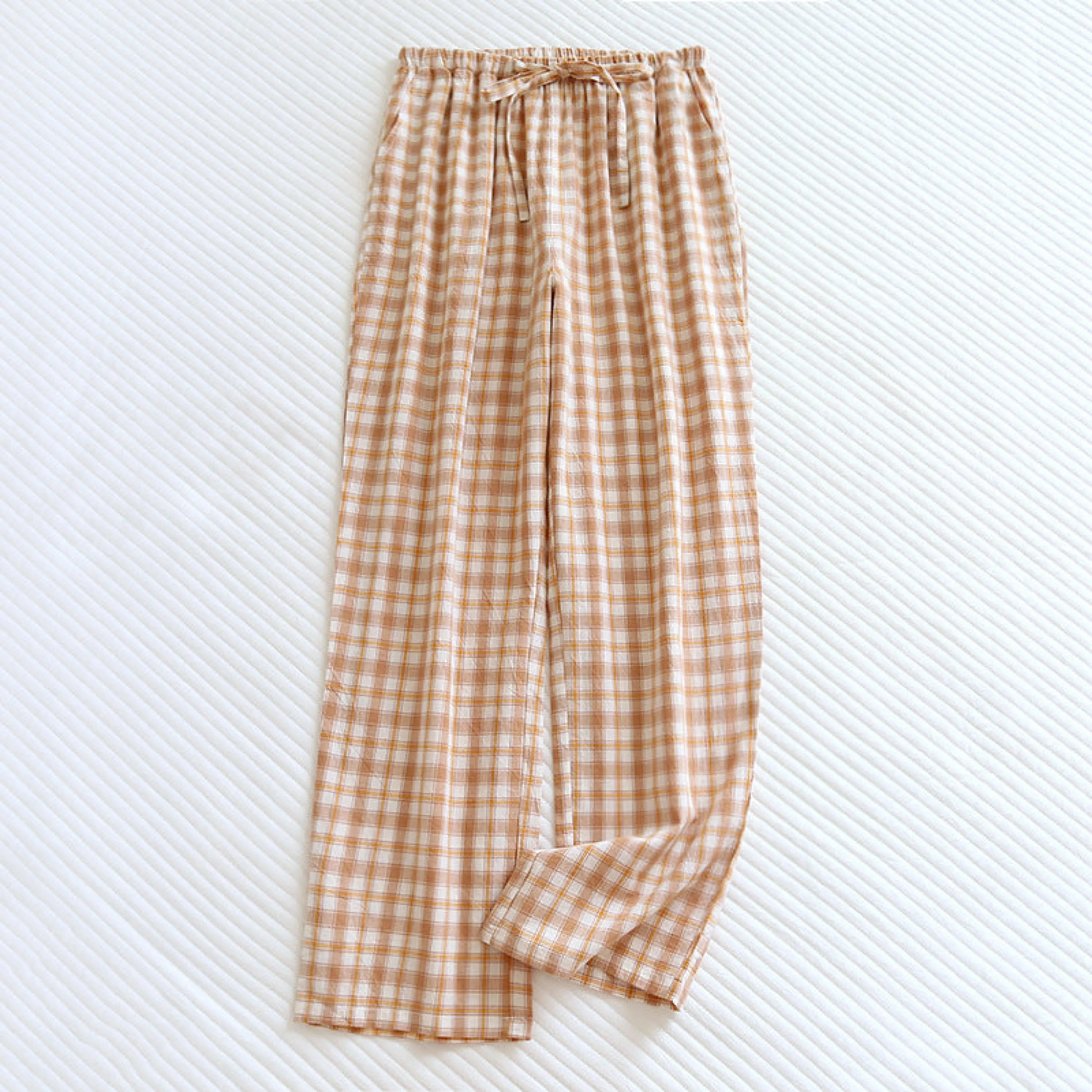 Plaid Washed Cotton Pajama Pants / Light Green