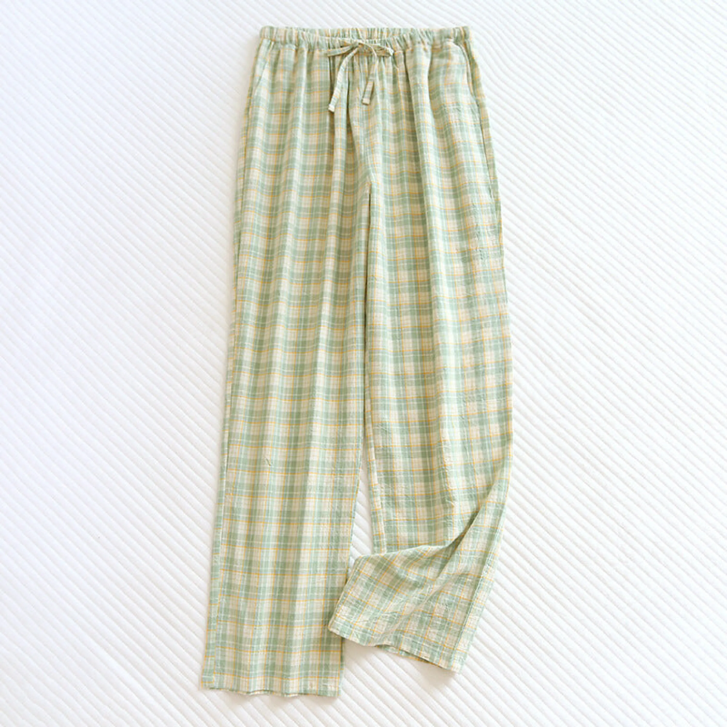 Plaid Washed Cotton Pajama Pants / Light Green