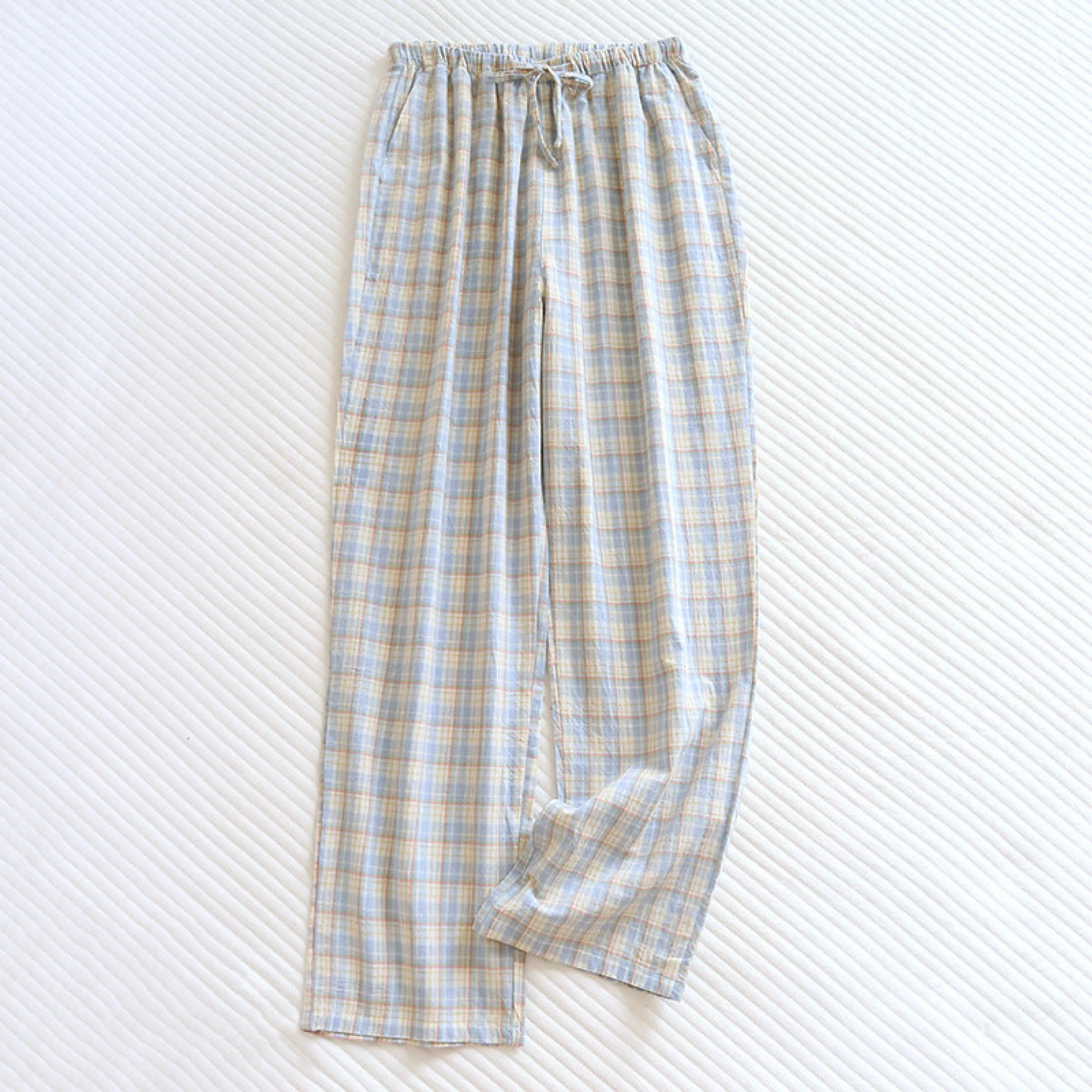 Plaid Washed Cotton Pajama Pants / Light Green