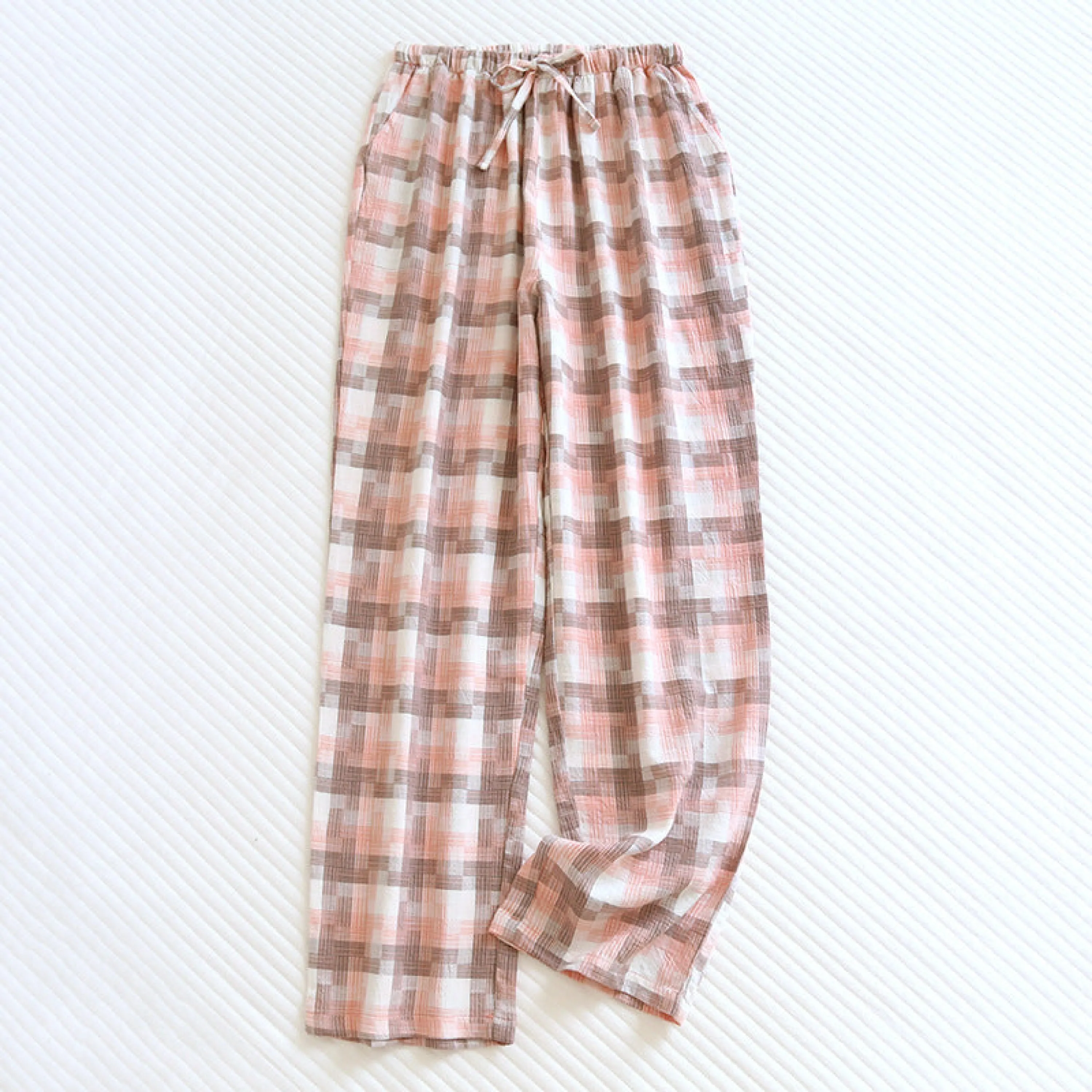 Plaid Washed Cotton Pajama Pants / Light Green