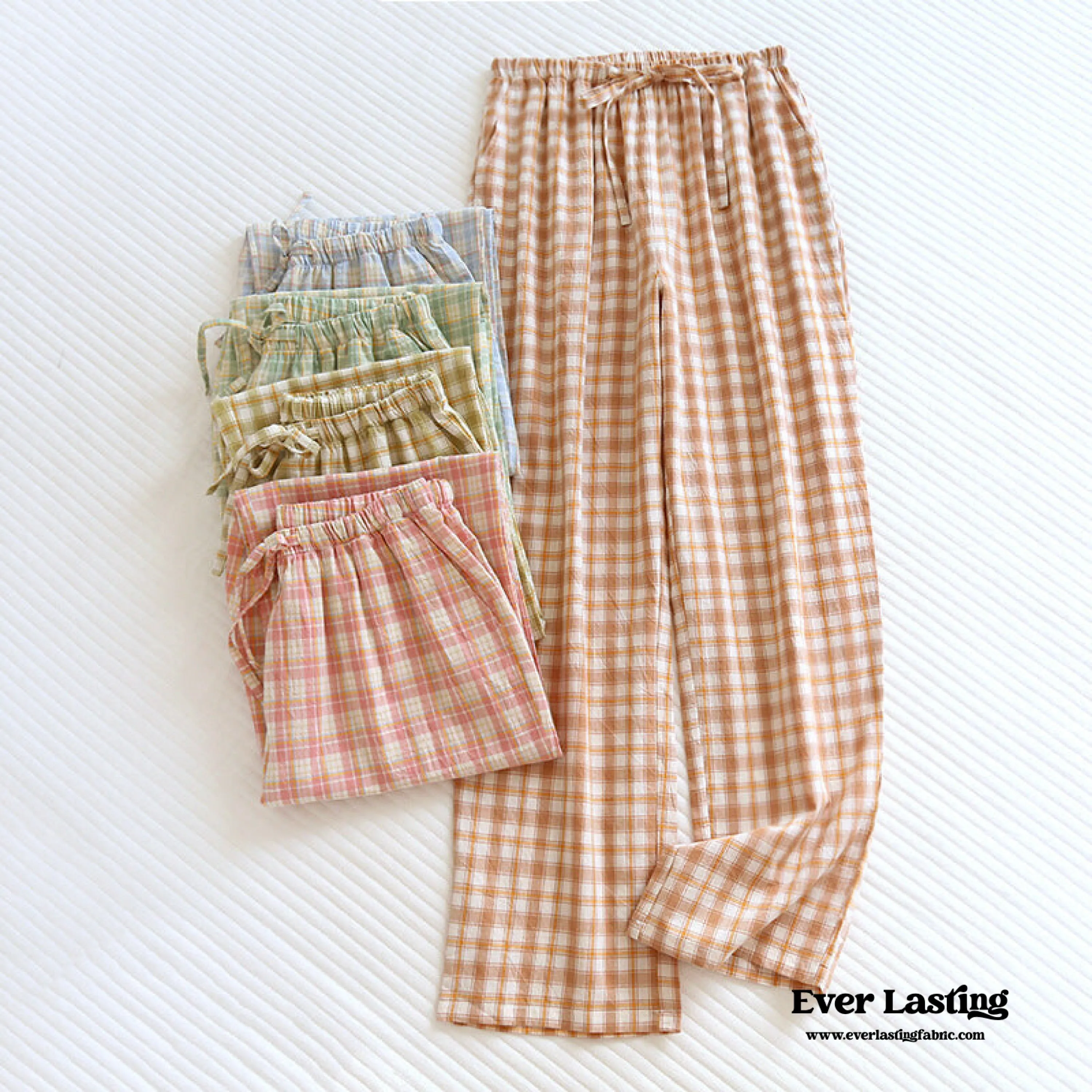 Plaid Washed Cotton Pajama Pants / Light Green