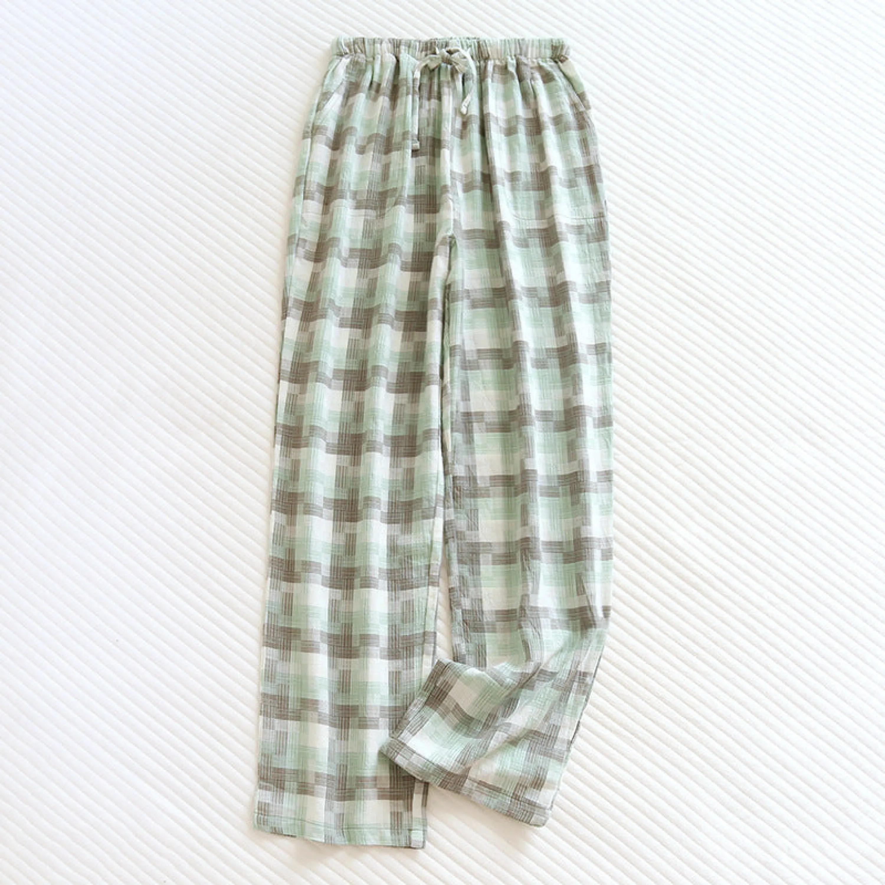 Plaid Washed Cotton Pajama Pants / Light Green