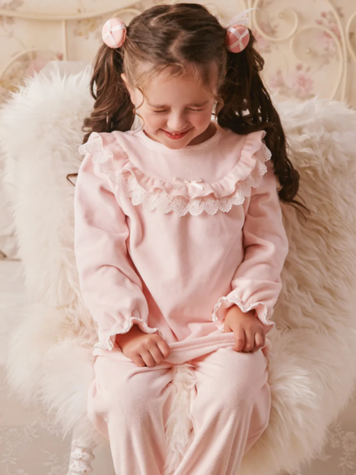 Ruffle-Tastic Bedtime Lace Bib Collar Pink Pajamas