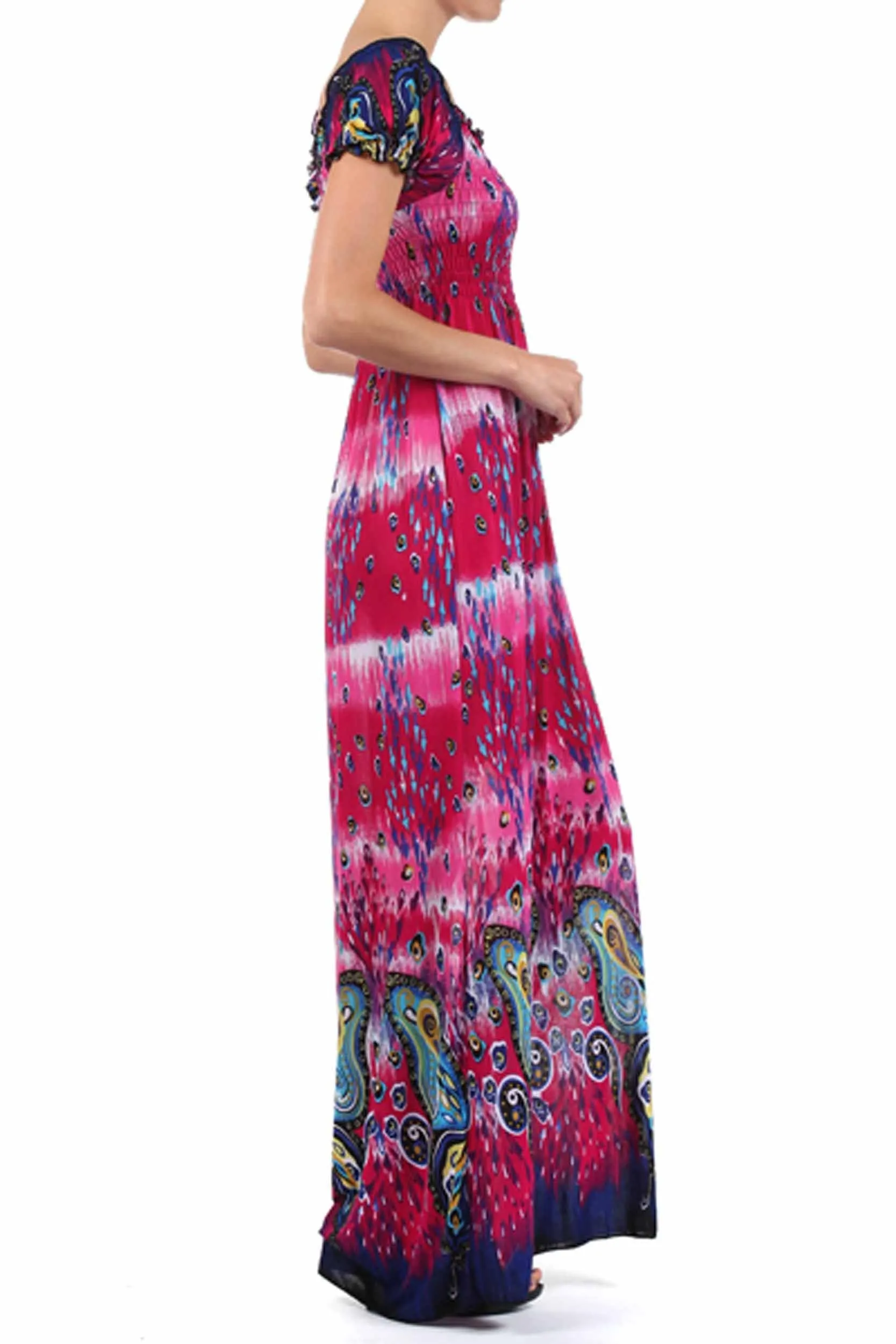 Sakkas Butterfly Smocked Bodice Cap Sleeve Maxi Dress