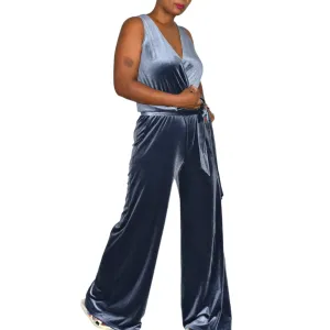 Samantha Dru Kasie Flare Jumpsuit Blue Wrap Front Belt Velour Velvet Wide Leg Pantsuit Size Small