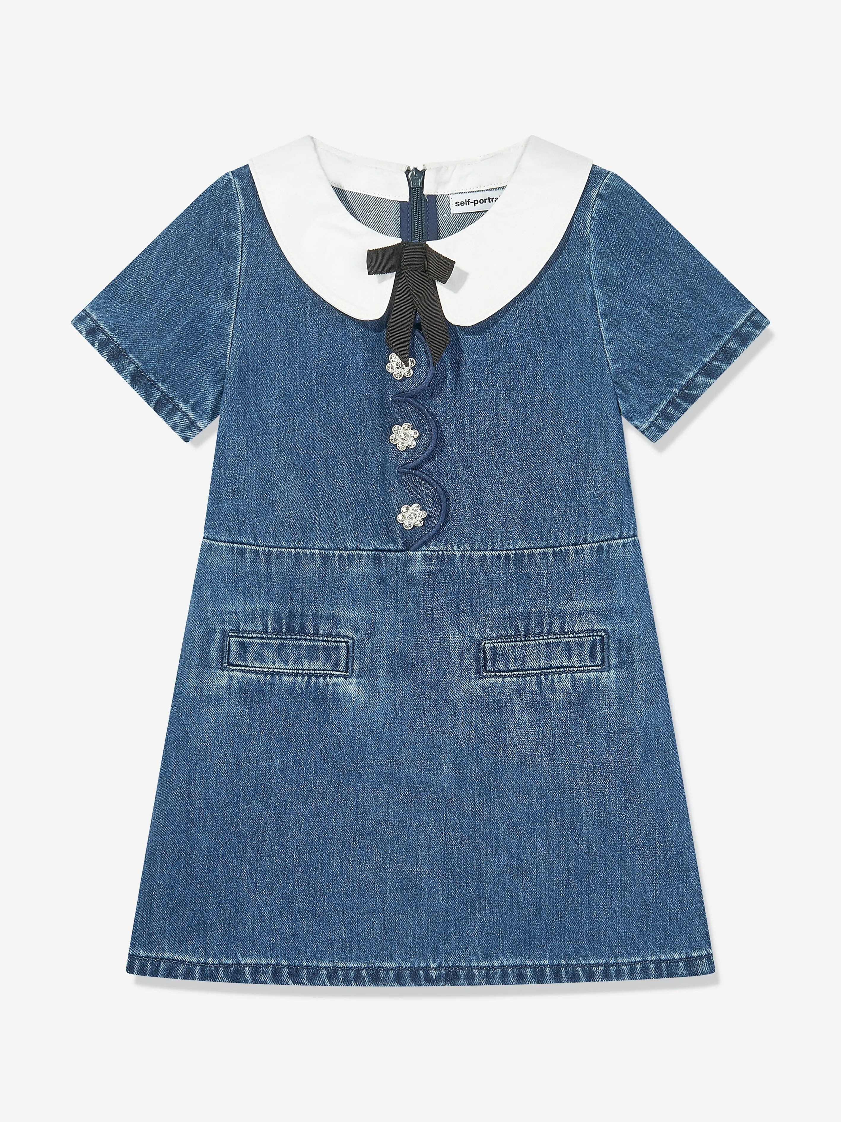 Self Portrait Girls Denim Scalloped Dress in Blue