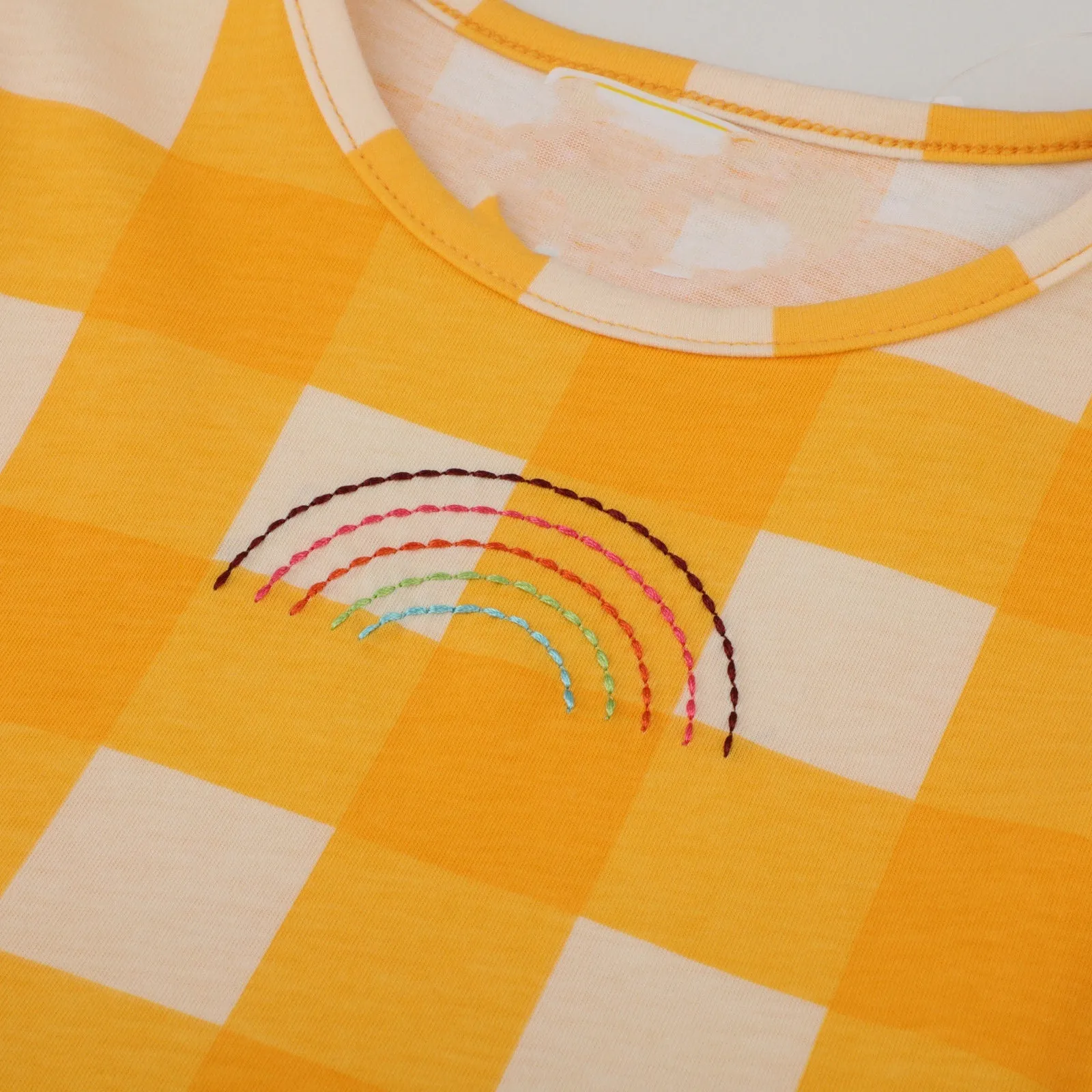 Short Sleeve Rainbow Check Pattern Girls Dress in Yellow | Toddler Kid Baby Girl Dress Gift Princess Girl Summer Dresses Cloths 2-8 Years