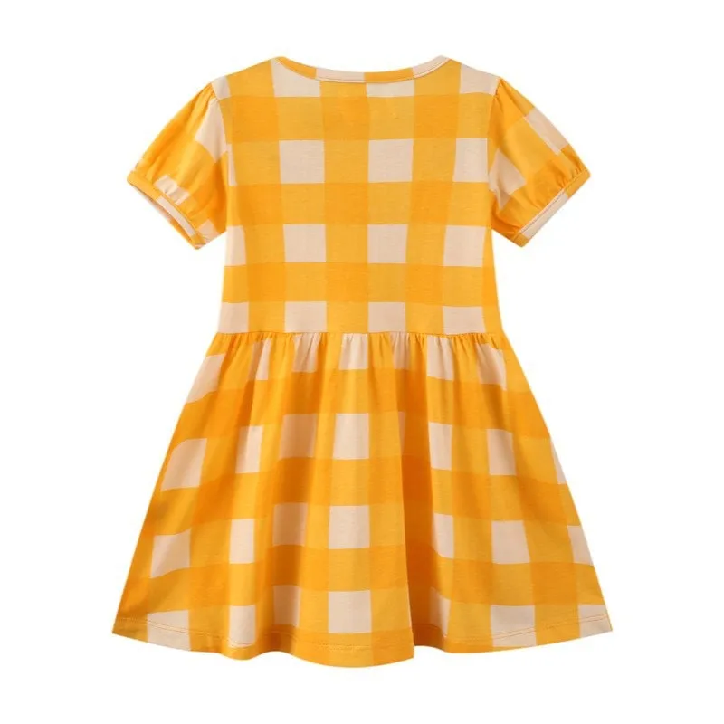 Short Sleeve Rainbow Check Pattern Girls Dress in Yellow | Toddler Kid Baby Girl Dress Gift Princess Girl Summer Dresses Cloths 2-8 Years