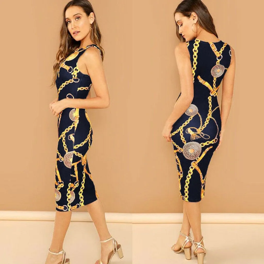 Sleek and Modern Lux Print Sheath Dress Women Dress Sexy Chain Print Sleeveless  Clubwear Day to Evening Party Dress