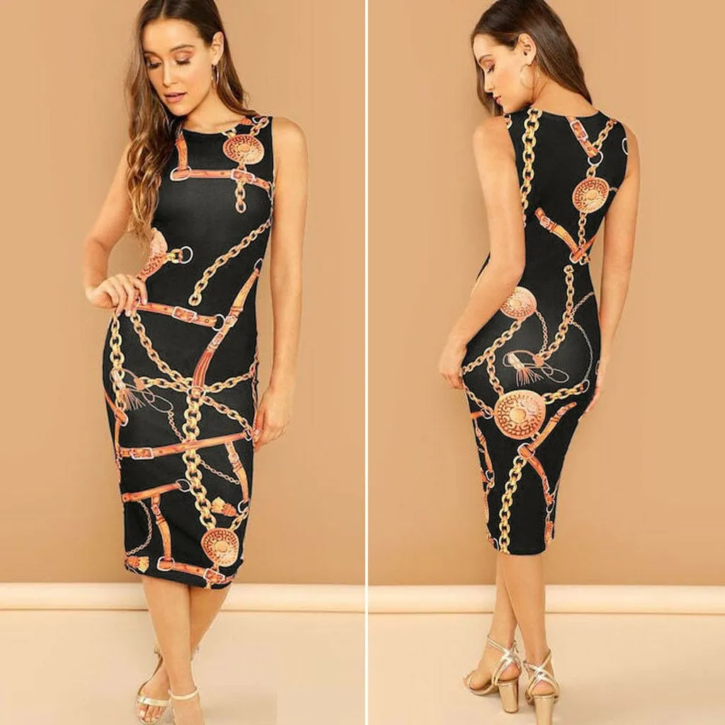 Sleek and Modern Lux Print Sheath Dress Women Dress Sexy Chain Print Sleeveless  Clubwear Day to Evening Party Dress