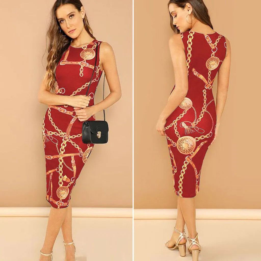 Sleek and Modern Lux Print Sheath Dress Women Dress Sexy Chain Print Sleeveless  Clubwear Day to Evening Party Dress