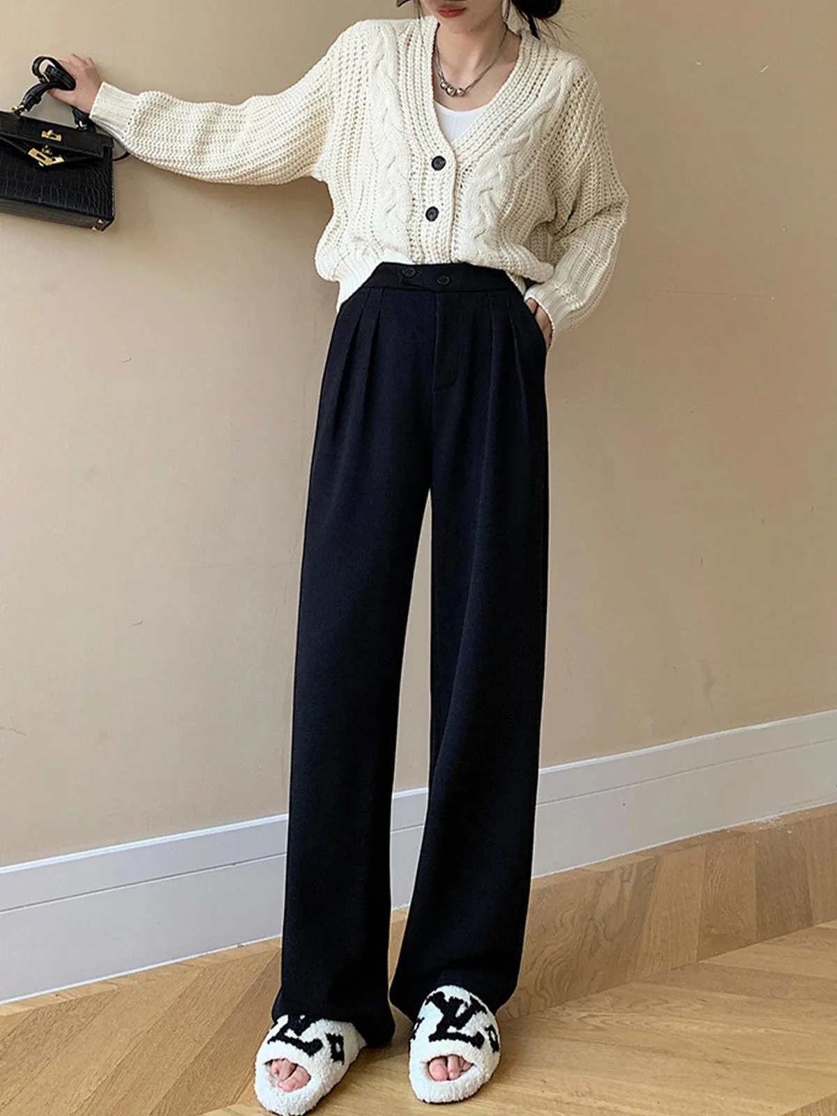 Stripe Chenille Buttoned Straight Pants