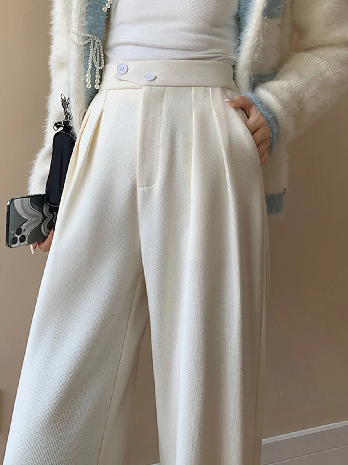 Stripe Chenille Buttoned Straight Pants