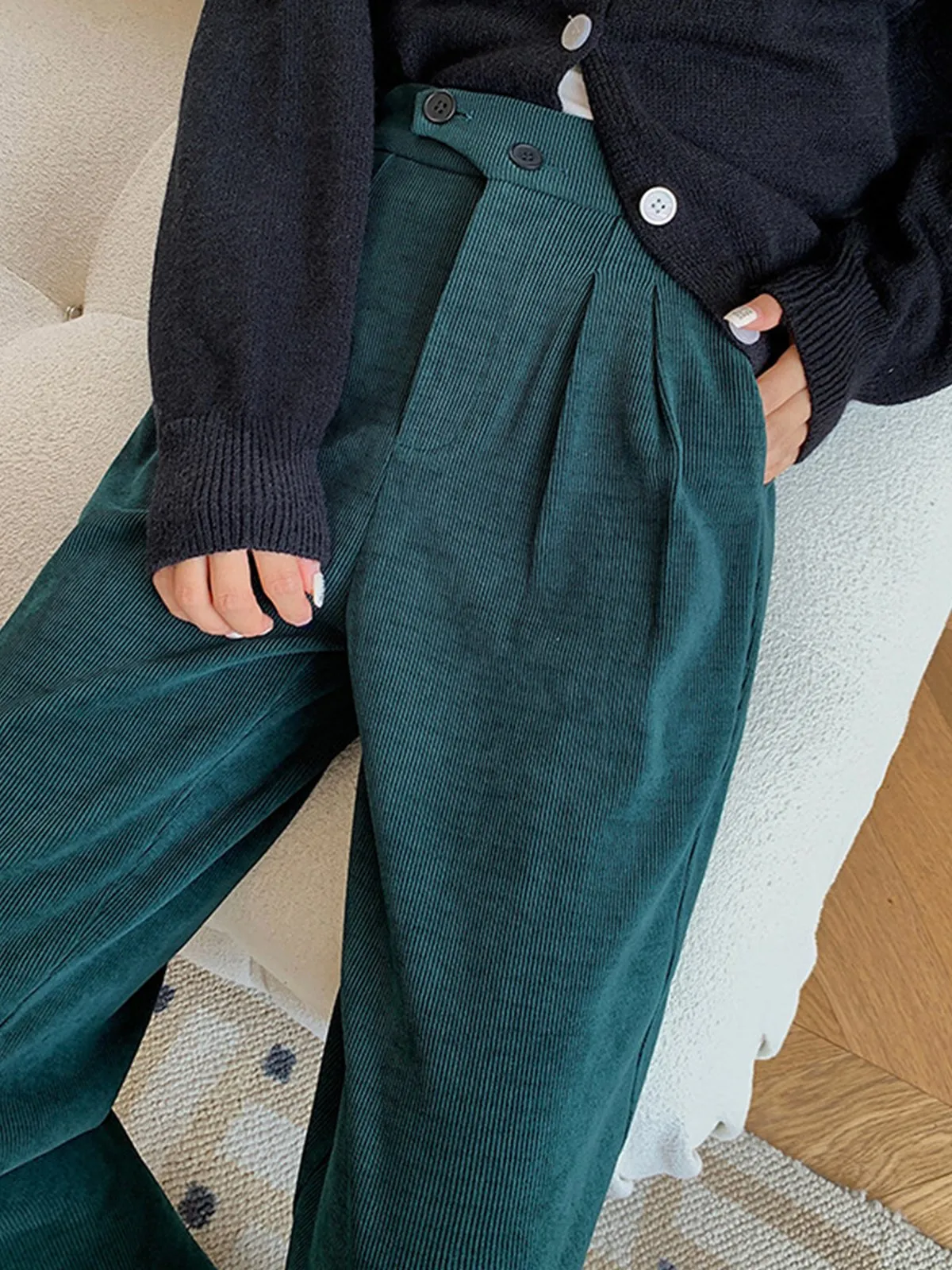 Stripe Chenille Buttoned Straight Pants