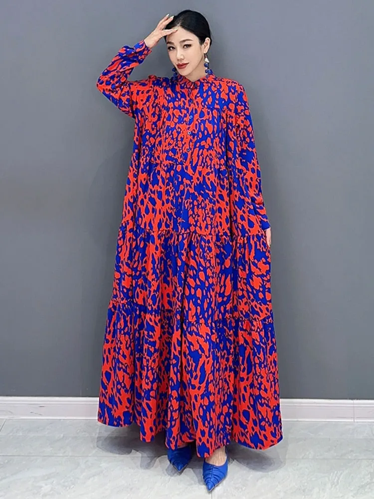 Trendy Luxe Red and Blue Comfortable Long Dress