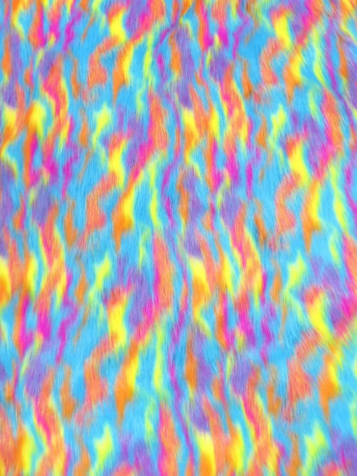 Turquoise, Orange, Fuchsia Sunset Multi-Color Faux Fur Fabric /  Sold by the Yard