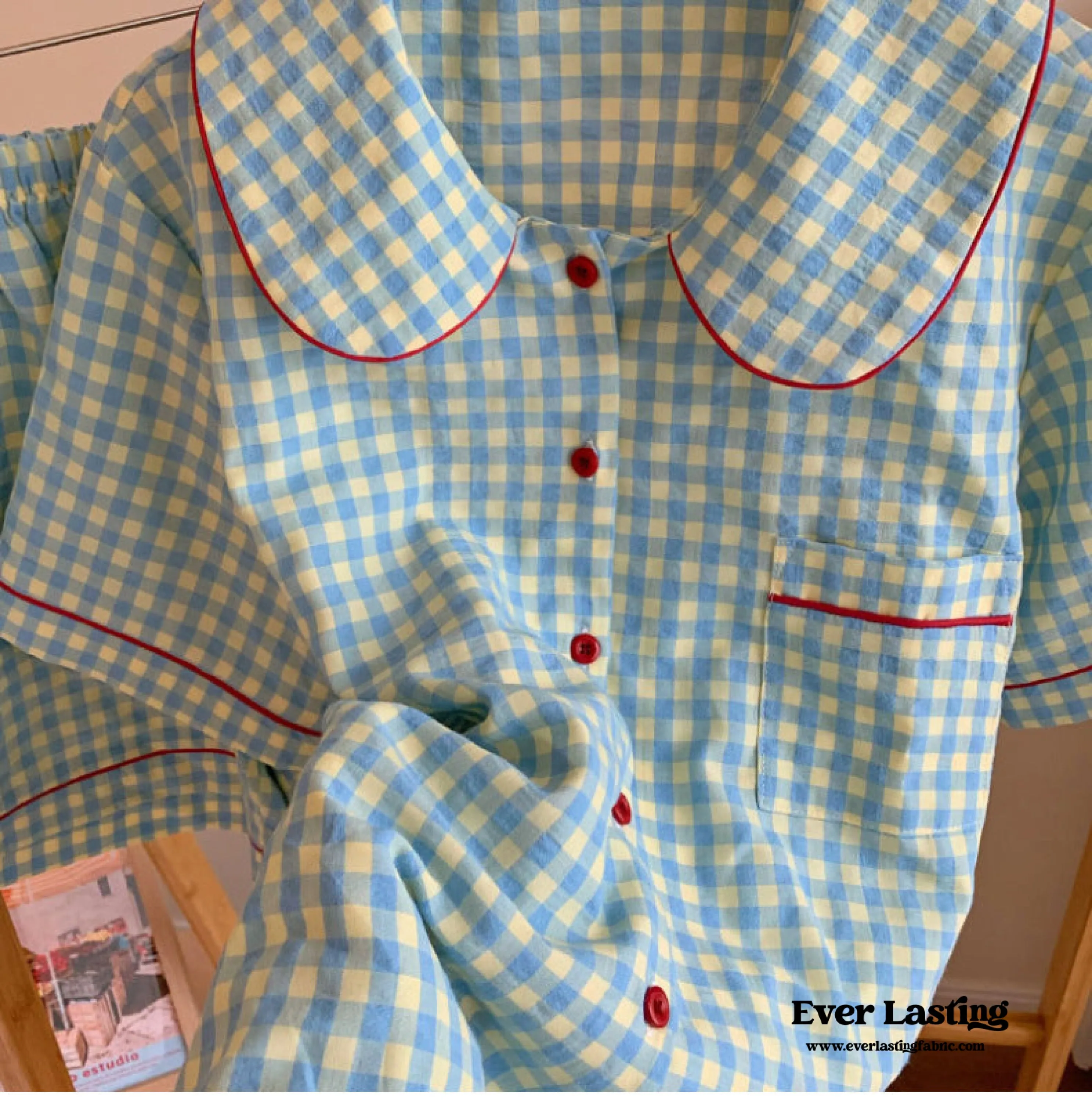 Vintage Inspired Gingham Shorts Pajama Set / Blue Red