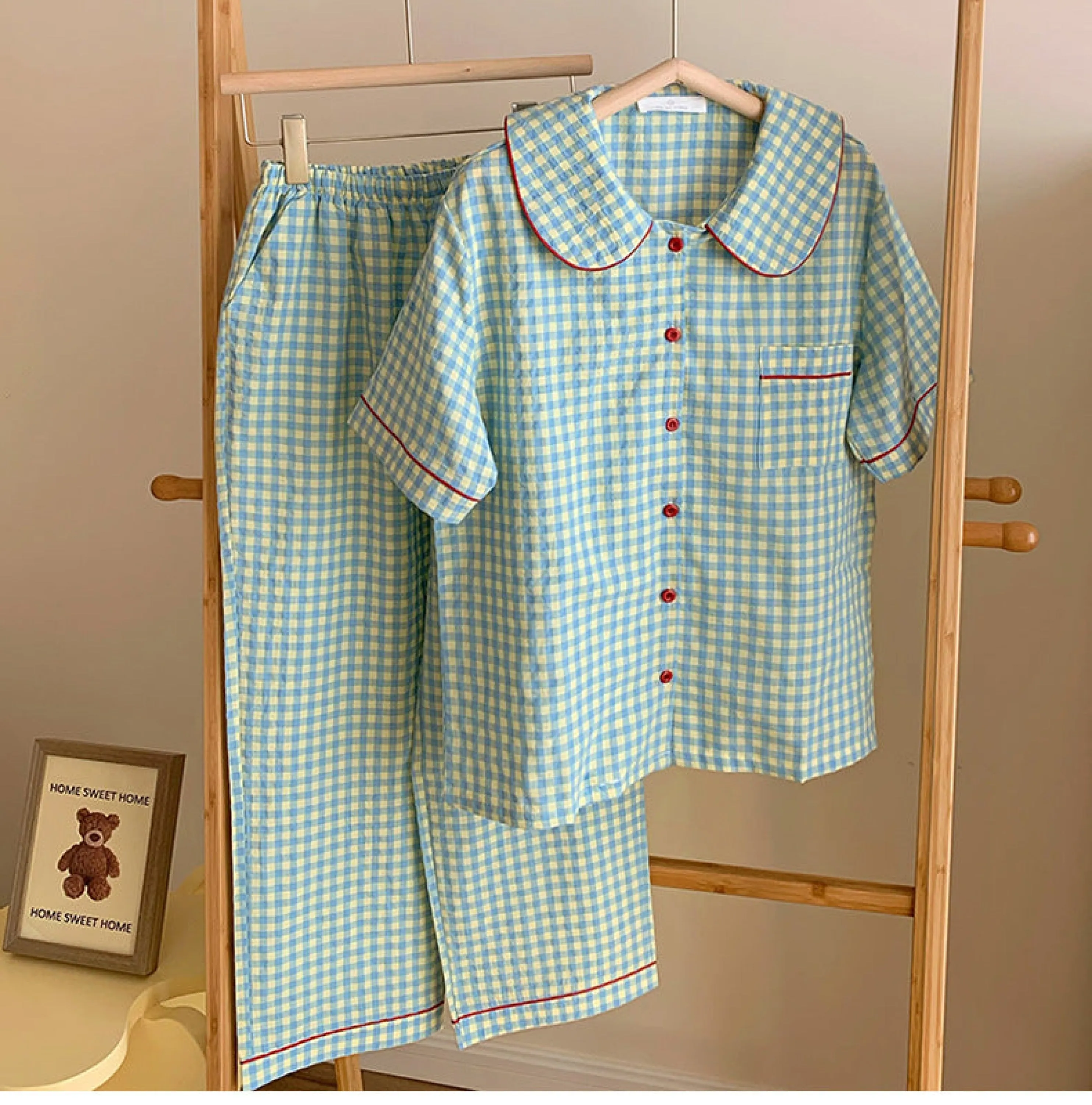 Vintage Inspired Gingham Shorts Pajama Set / Blue Red