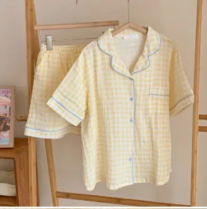 Vintage Inspired Gingham Shorts Pajama Set / Yellow