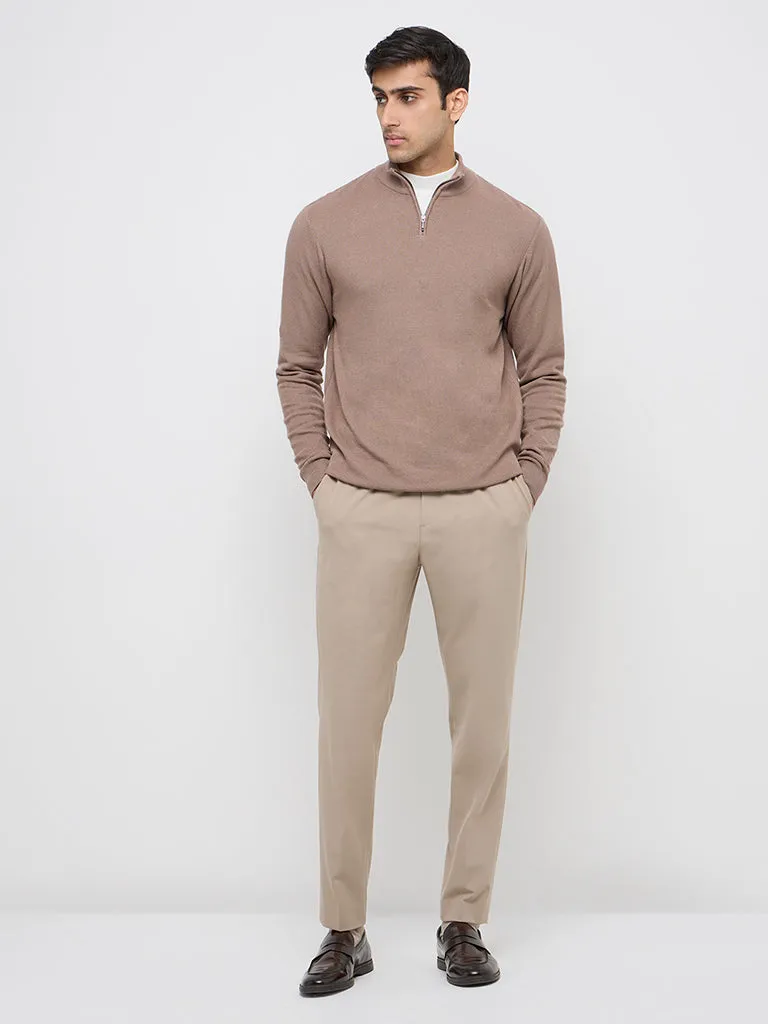 WES Formals Taupe Solid Slim-Fit Sweater