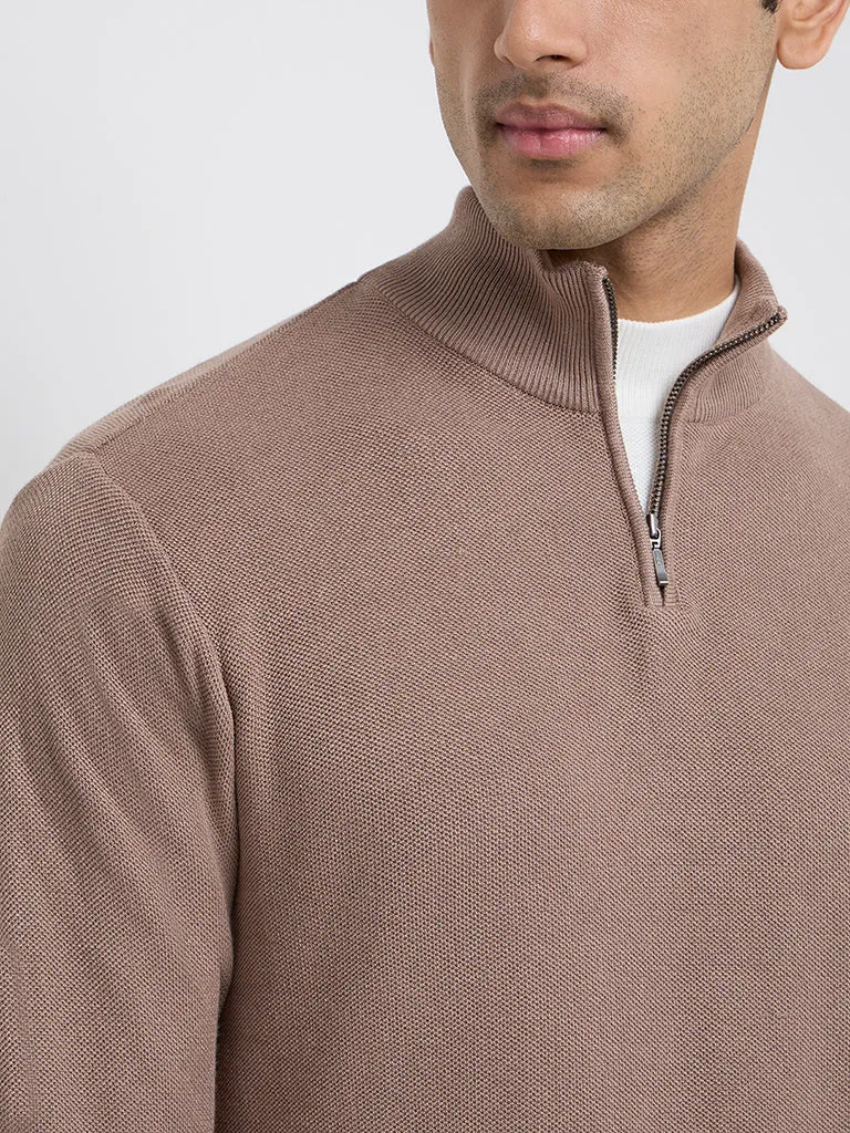 WES Formals Taupe Solid Slim-Fit Sweater