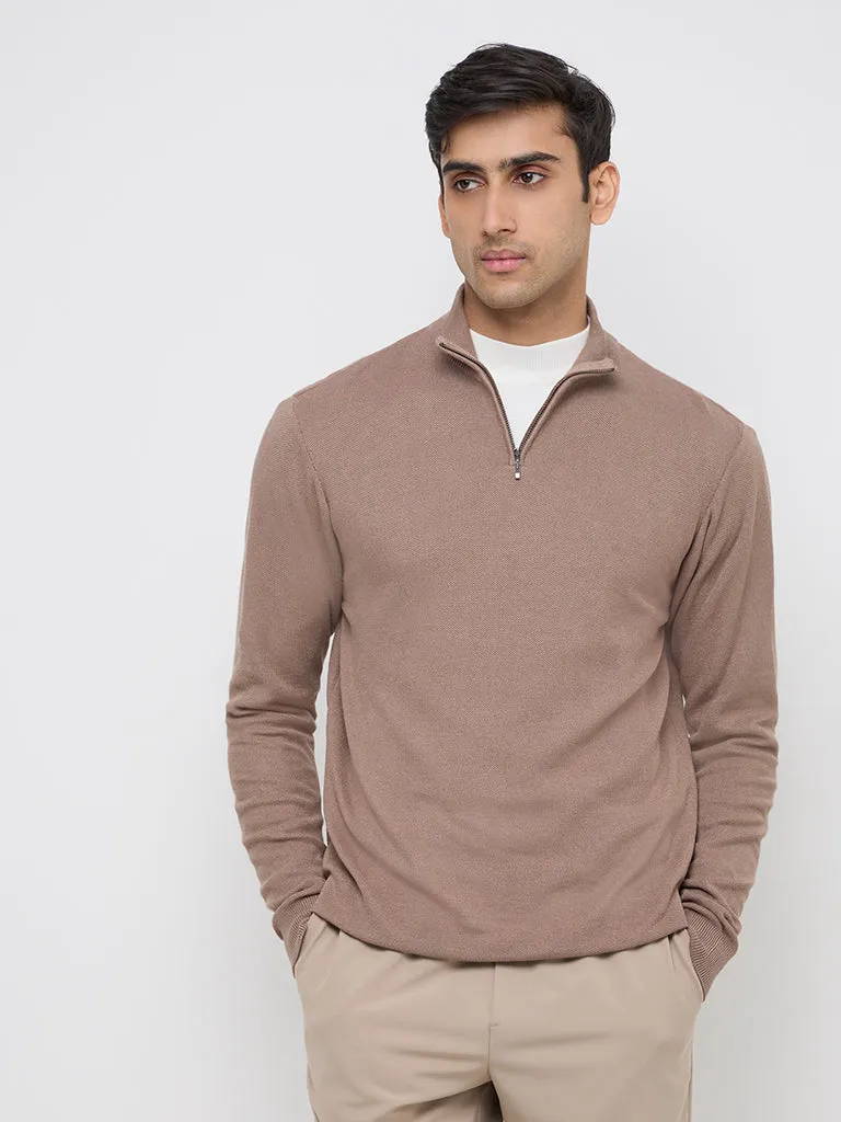 WES Formals Taupe Solid Slim-Fit Sweater