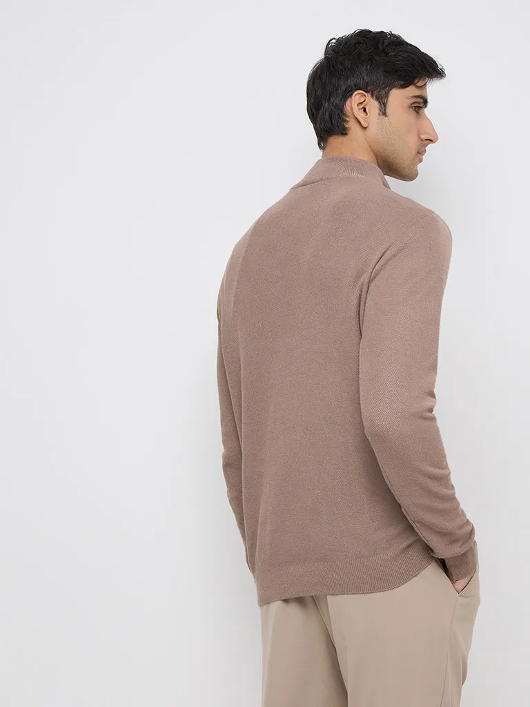 WES Formals Taupe Solid Slim-Fit Sweater