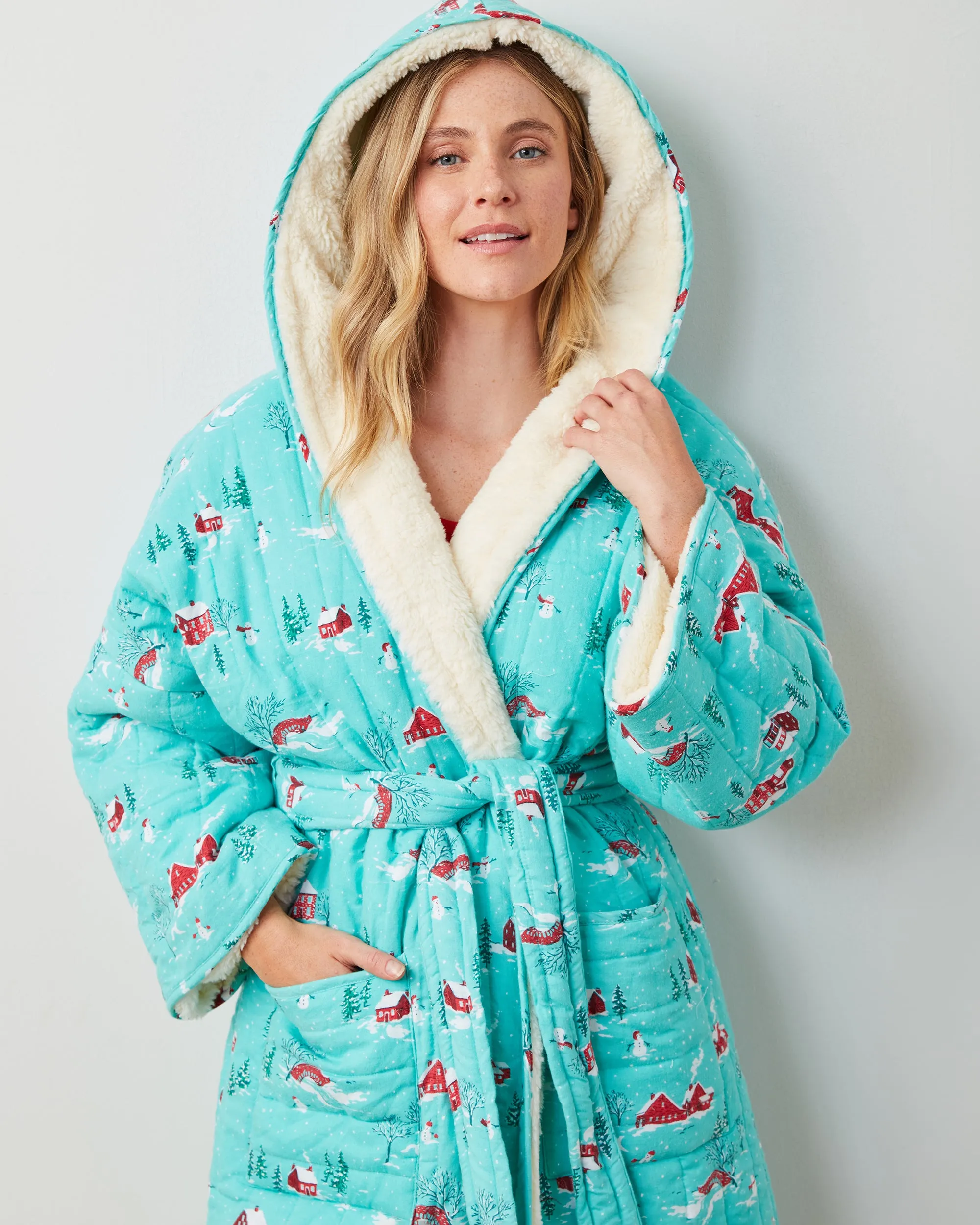 Winter Wonderland - Flannel Quilted Hooded Sherpa Robe -  Snow Day