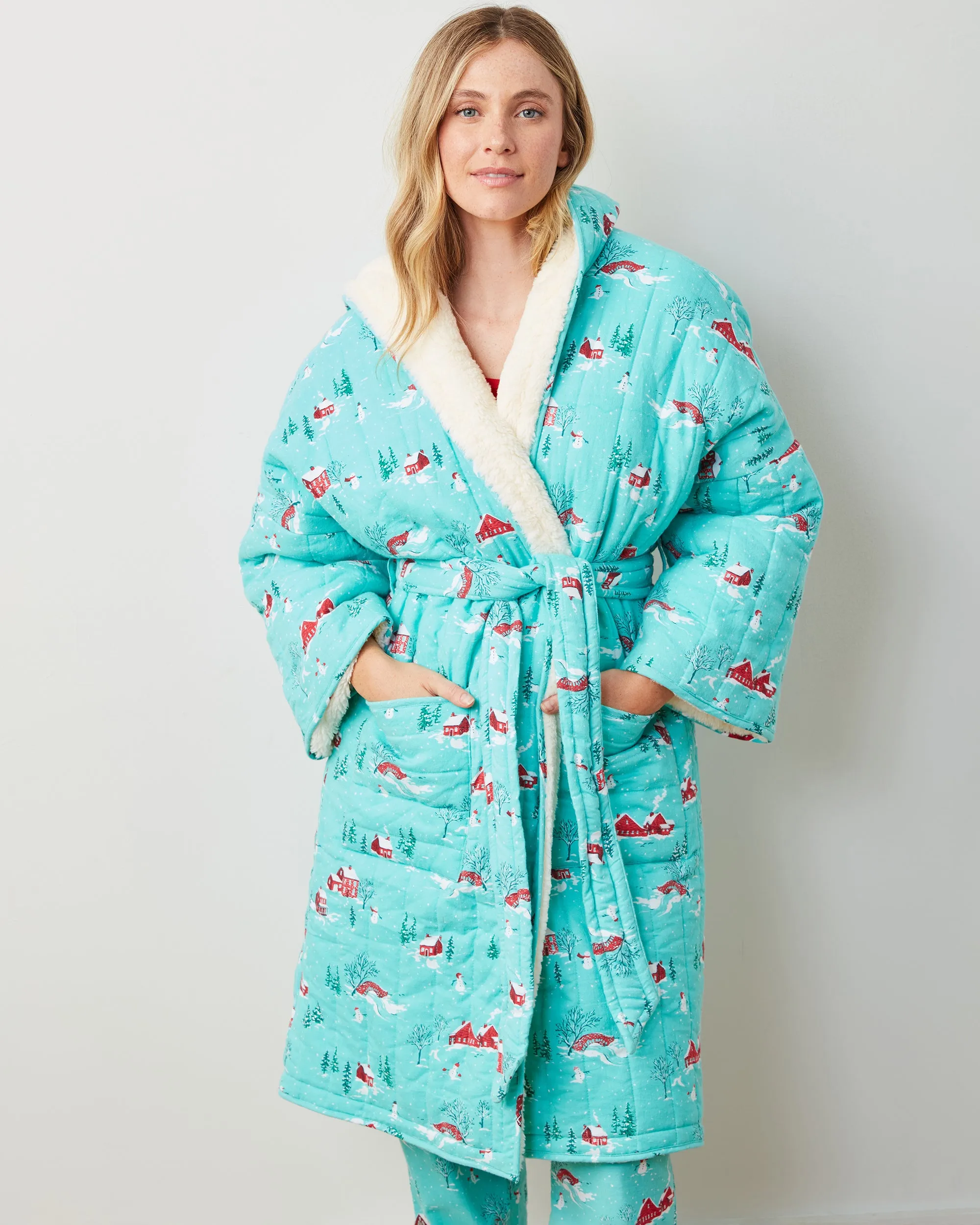 Winter Wonderland - Flannel Quilted Hooded Sherpa Robe -  Snow Day