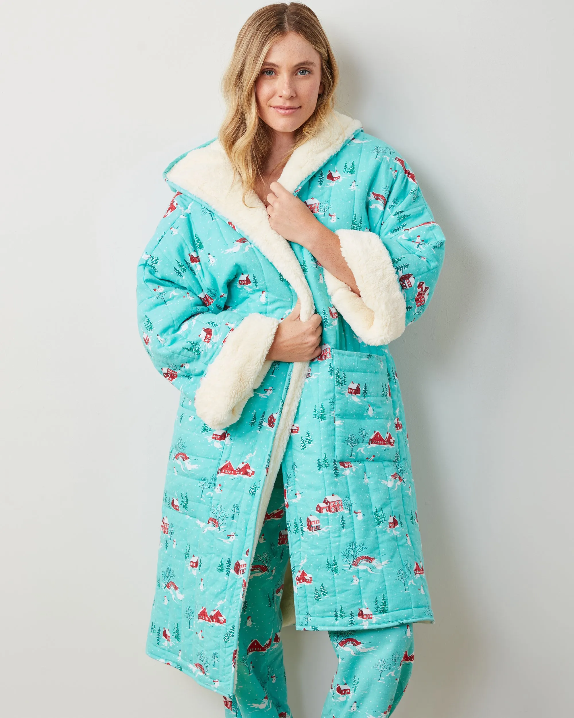 Winter Wonderland - Flannel Quilted Hooded Sherpa Robe -  Snow Day