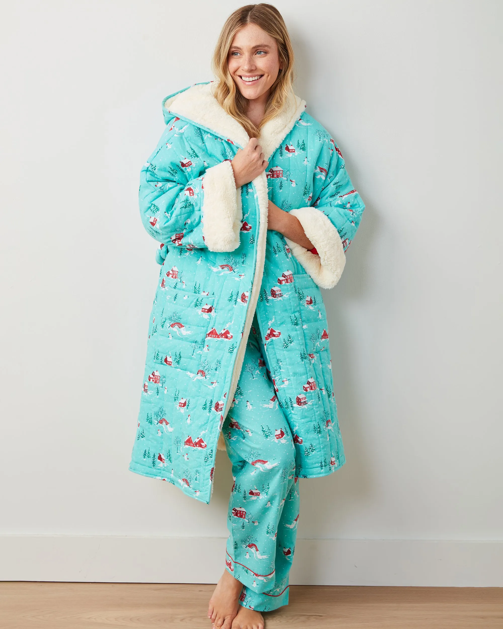 Winter Wonderland - Flannel Quilted Hooded Sherpa Robe -  Snow Day