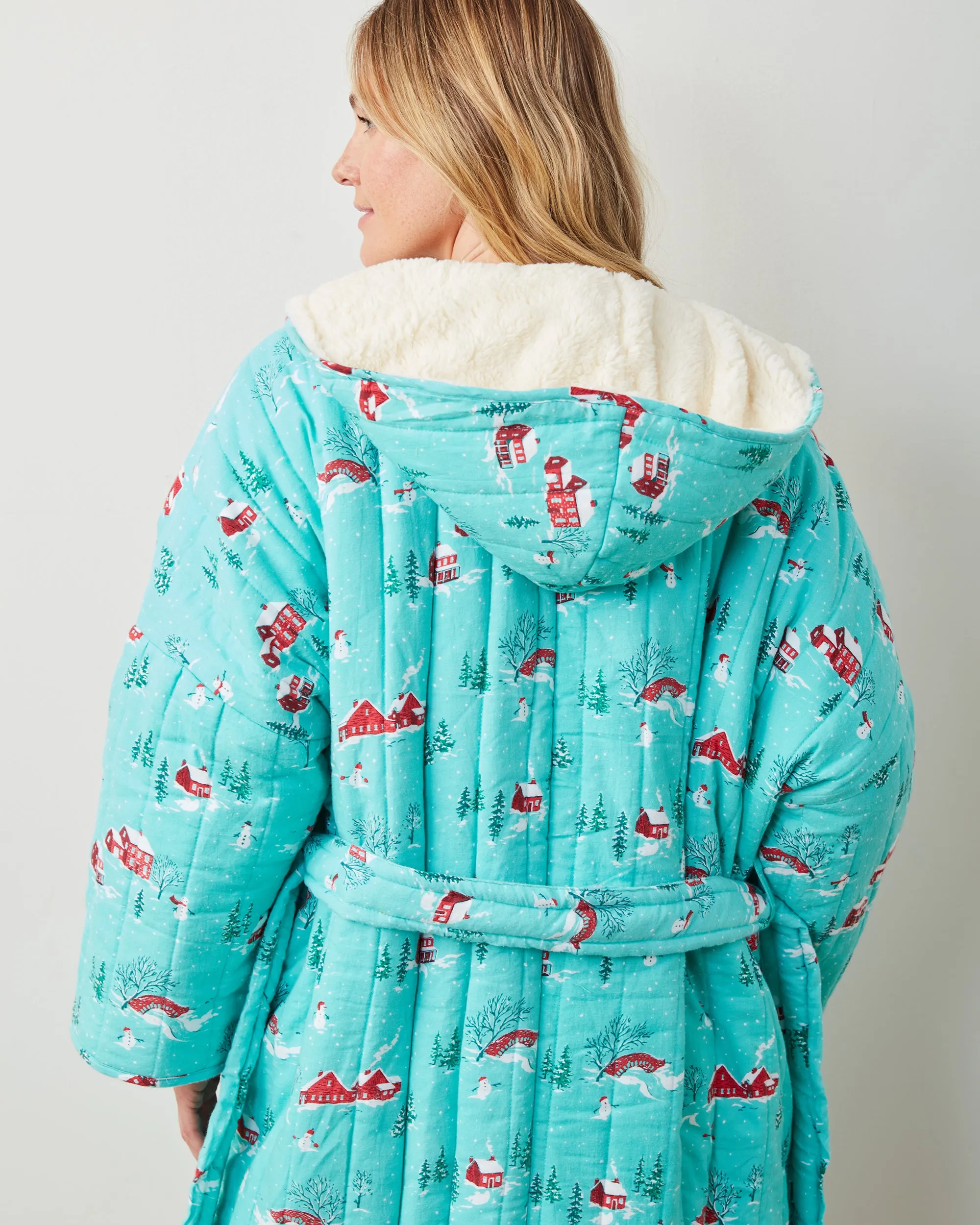 Winter Wonderland - Flannel Quilted Hooded Sherpa Robe -  Snow Day